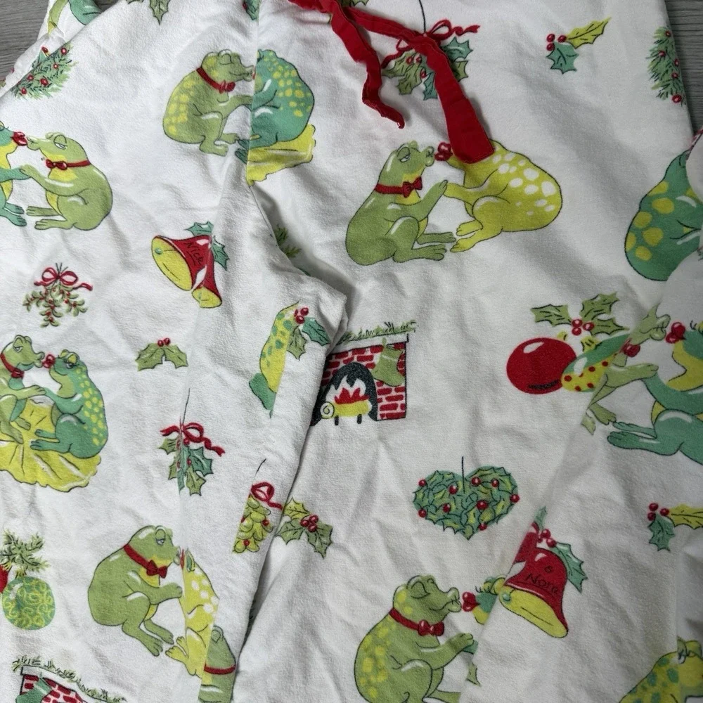 Vintage Nick & Nora Christmas Kissing Frog Flannel Pajama Set S 100% Cotton‎
